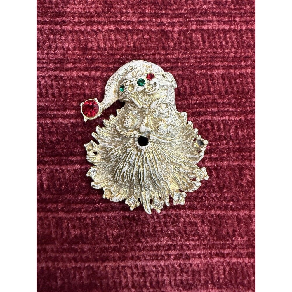 VINTAGE RED GREEN RHINESTONE WHITE ENAMEL GOLDTONE SANTA CLAUS BROOCH 1970'S